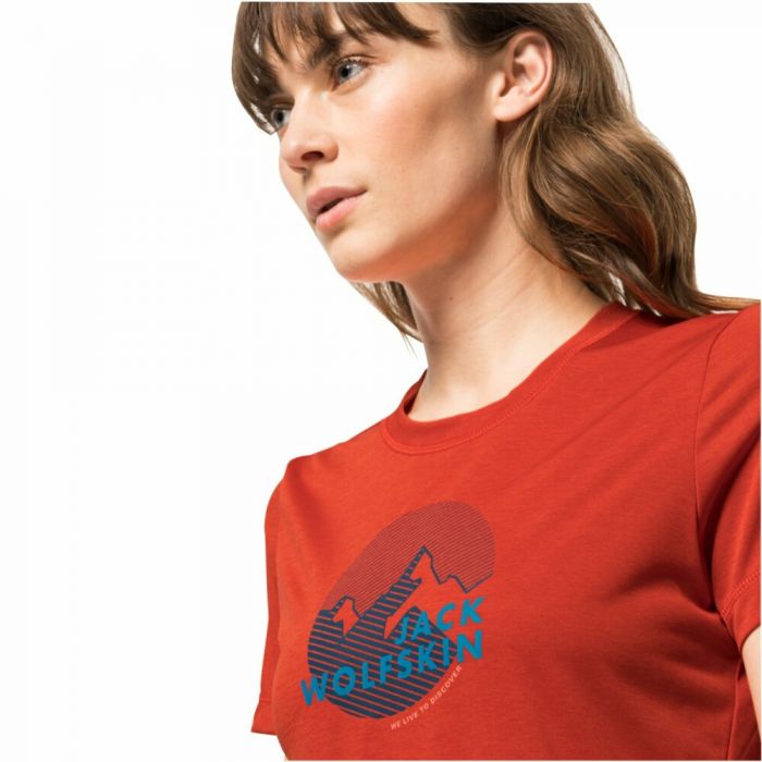 Damska koszulka Jack Wolfskin HIKING S/S GRAPHIC T W grenadine pomarańczowy  | e-Horyzont