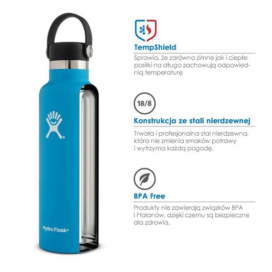 |Budowa metalowej butelki na wodę na przykładzie Hydroflask 180Z Standard Mouth 532 ml pojemności.