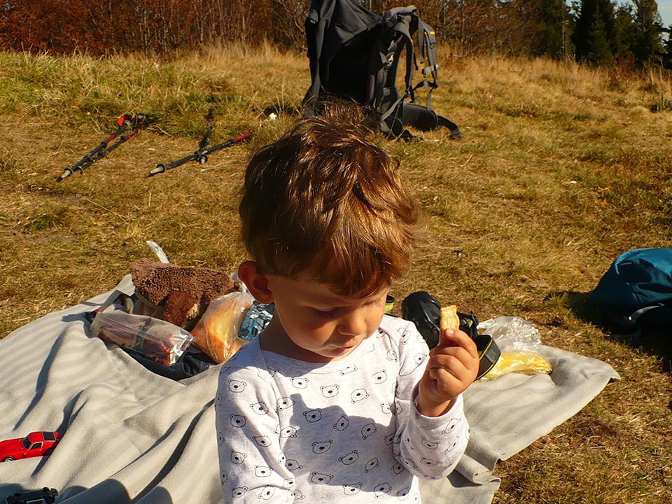 Mój Wojtek zajada ciasteczka na szczycie Ćwilina w Beskidzie Wyspowym (fot. autora)|Mój Wojtek zajada ciasteczka na szczycie Ćwilina w Beskidzie Wyspowym (fot. autora)
