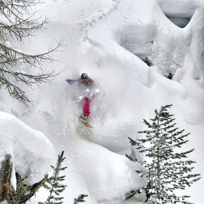 Sporty zimowe w Polsce |Freerider zjeżdżający na snowboardzie puchu.
